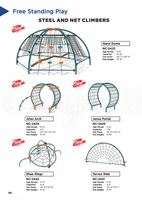 Freestanding climbing elements combining steel frameworks and rope systems for strength, visibility, and dynamic movement.